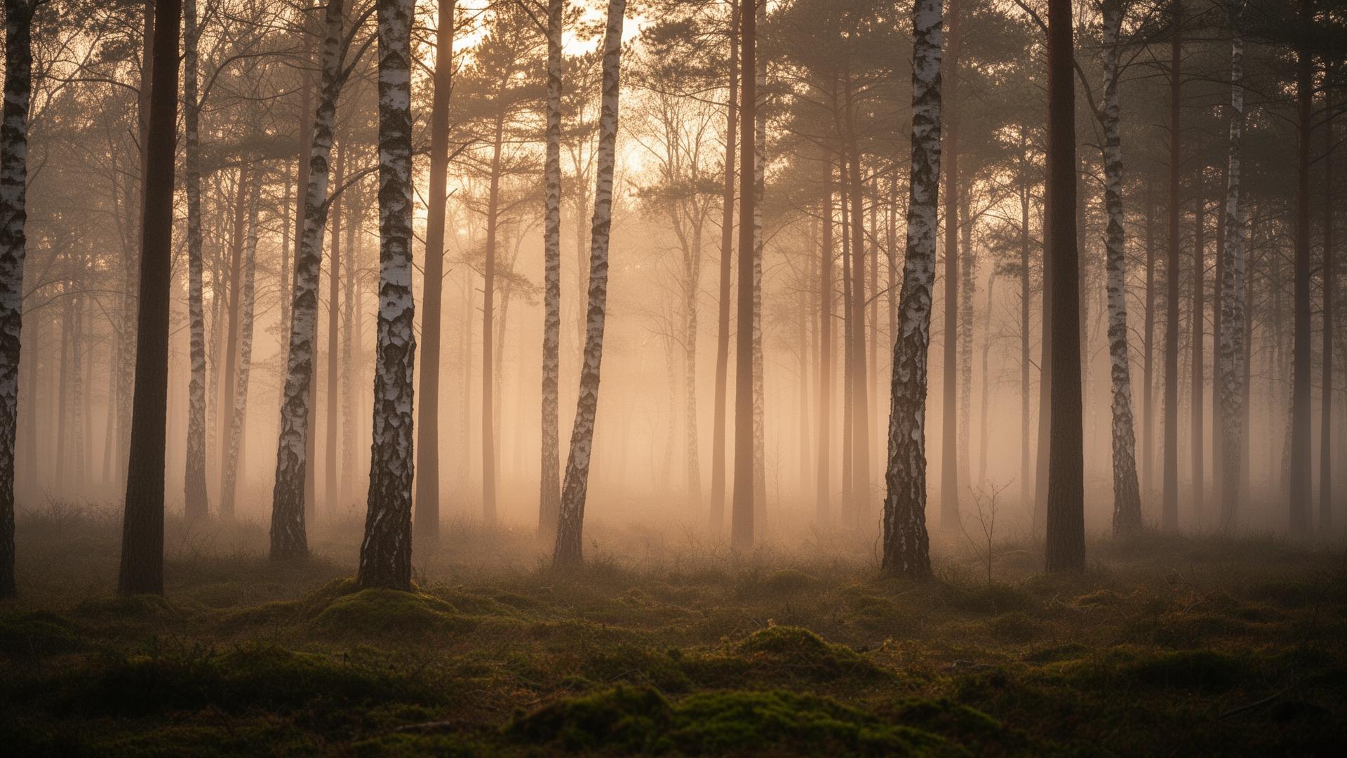 Mistig Drents bos bij zonsopkomst, symbool van rust, stilte en aanwezigheid
